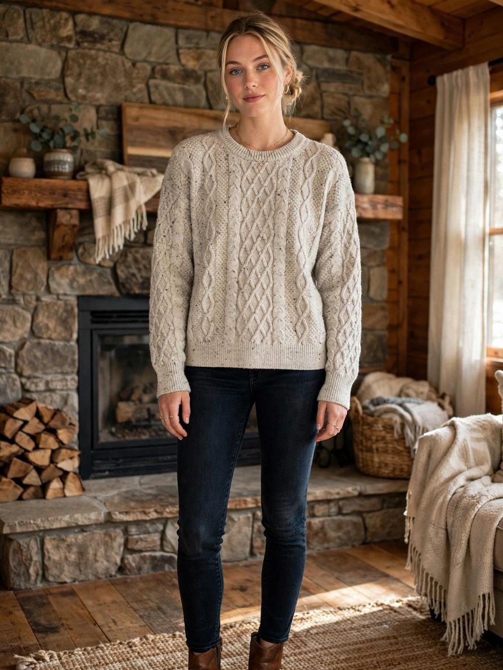 J.Crew Cream Cable Knit Crewneck Sweater Flecked Texture Fisherman Pullover | L
